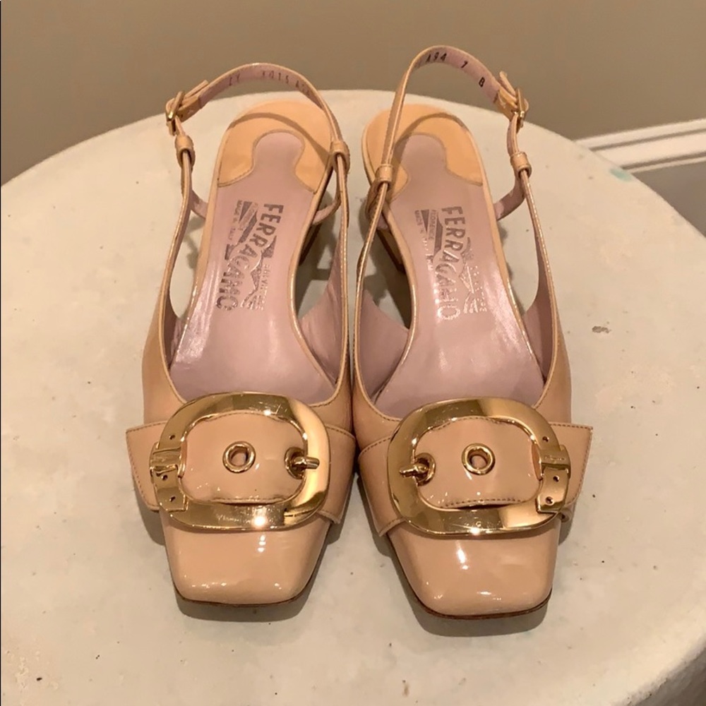 Ferragamo Tan Block Heels
